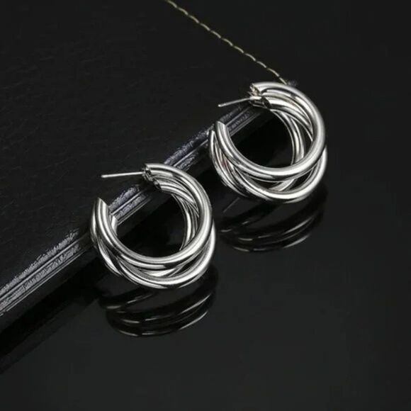 5/$25 Silver Color Triple Hoop Statement Earrings - Picture 6 of 8